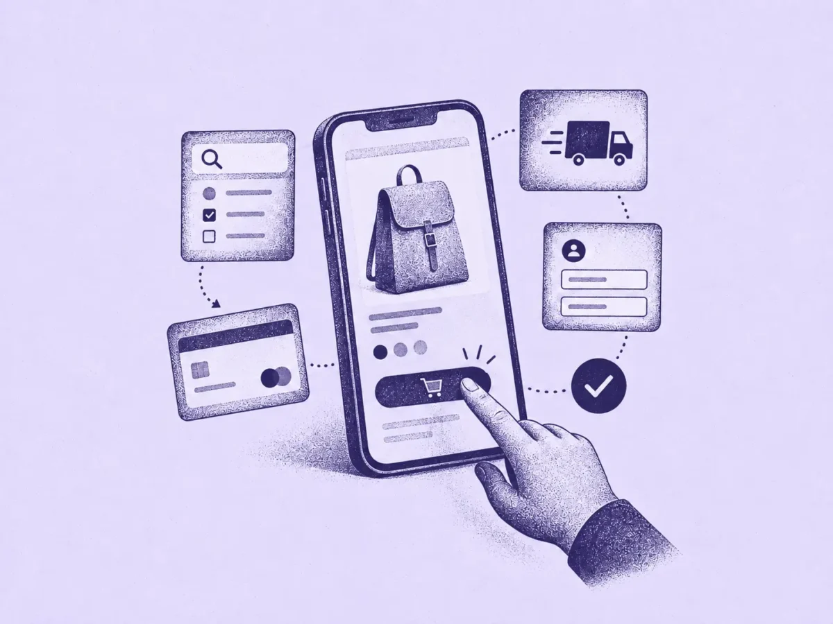 Illustration of a hand tapping a smartphone to buy a backpack online, surrounded by icons for search, payment card, delivery, and account login