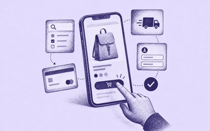 Illustration of a hand tapping a smartphone to buy a backpack online, surrounded by icons for search, payment card, delivery, and account login