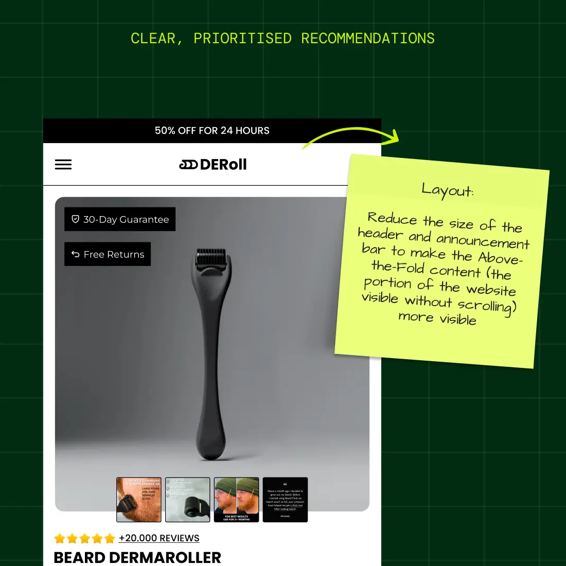 Product page with annotated usability issues