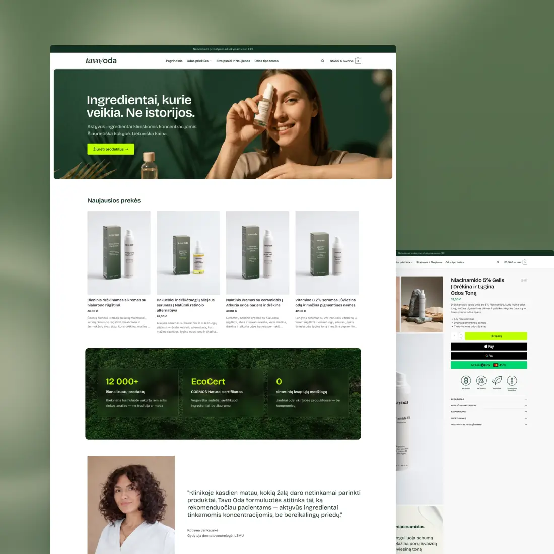 TavoOda natural beauty store homepage and product page