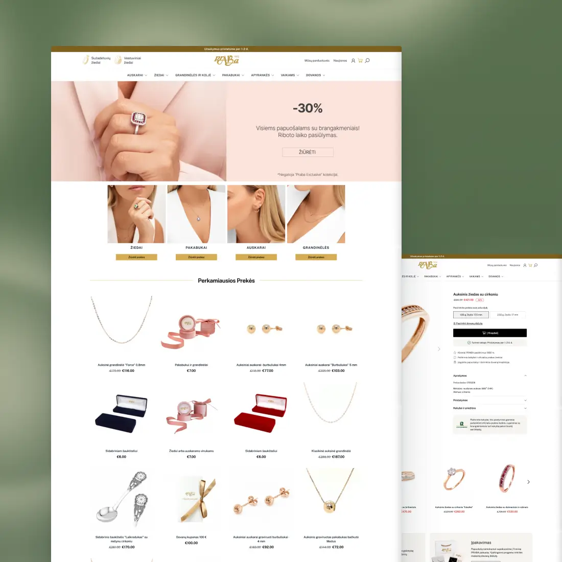 Praba jewellery store homepage and product page