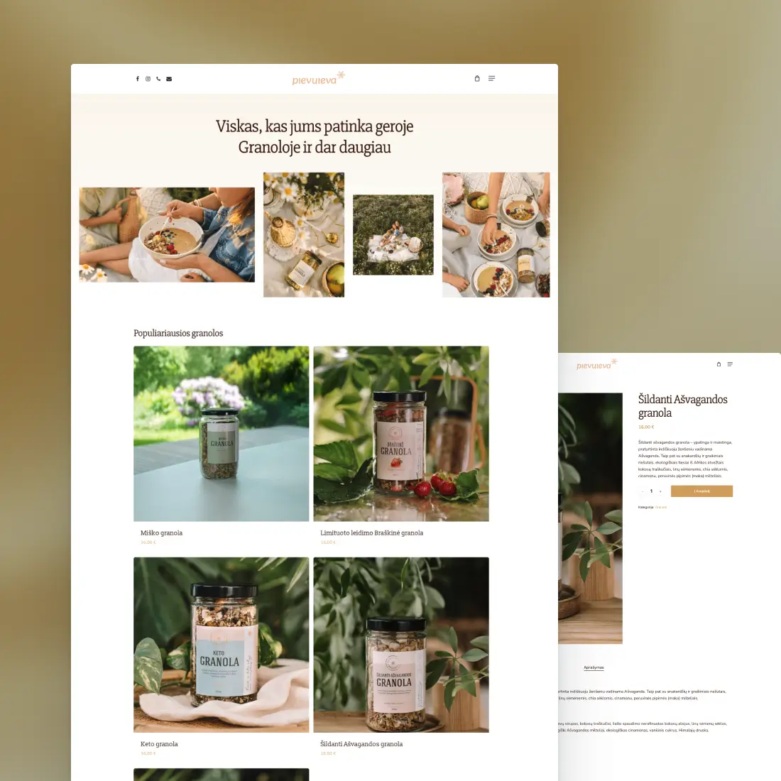Pievų Ieva natural granola store homepage and product page