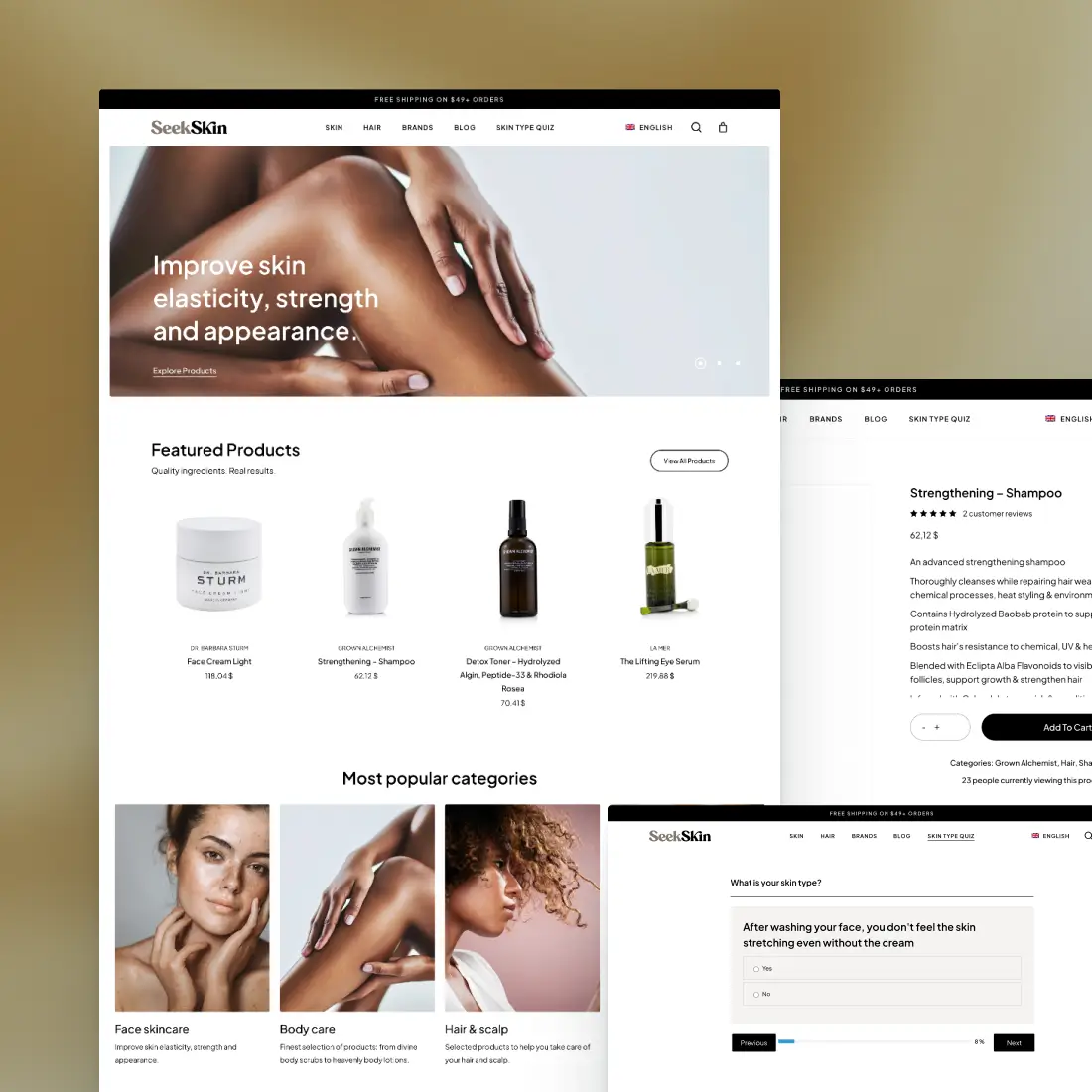 SeekSkin beauty store homepage, product page and skin-type quiz